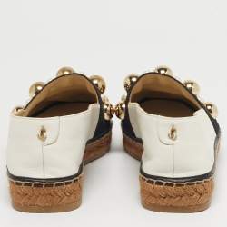 Pre Owned Jimmy Choo White/Black Canvas and Leather Studded Embellished Espadrille Flats Size 37