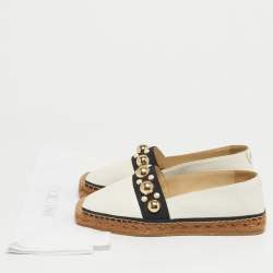 Pre Owned Jimmy Choo White/Black Canvas and Leather Studded Embellished Espadrille Flats Size 37