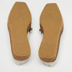 Pre Owned Jimmy Choo White/Black Canvas and Leather Studded Embellished Espadrille Flats Size 37