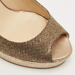 Pre Owned Jimmy Choo Gold Leather and Lurex Fabric Dahlia Platform Peep Toe Pumps Size 36.5