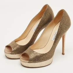 Pre Owned Jimmy Choo Gold Leather and Lurex Fabric Dahlia Platform Peep Toe Pumps Size 36.5
