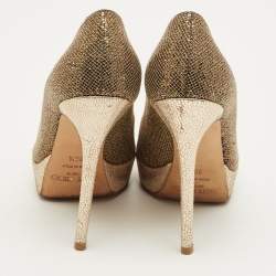 Pre Owned Jimmy Choo Gold Leather and Lurex Fabric Dahlia Platform Peep Toe Pumps Size 36.5