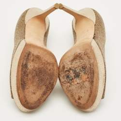 Pre Owned Jimmy Choo Gold Leather and Lurex Fabric Dahlia Platform Peep Toe Pumps Size 36.5