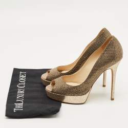 Pre Owned Jimmy Choo Gold Leather and Lurex Fabric Dahlia Platform Peep Toe Pumps Size 36.5