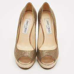 Pre Owned Jimmy Choo Gold Leather and Lurex Fabric Dahlia Platform Peep Toe Pumps Size 36.5
