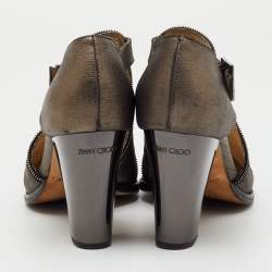 Pre Owned Jimmy Choo Grey Leather Zip Detail Block Heel Pumps Size 39.5