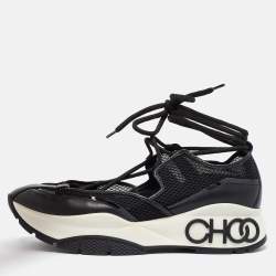 Pre Owned Jimmy Choo Size 40 Black Leather, Mesh and Patent Leather Lace Up Sneakers