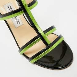 مملوكة مسبقًا Jimmy Choo Thistle Size 37.5 Black/Green Patent and Leather Sandals