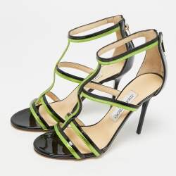 مملوكة مسبقًا Jimmy Choo Thistle Size 37.5 Black/Green Patent and Leather Sandals