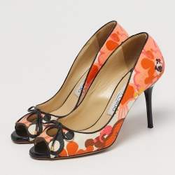 Pre Owned Jimmy Choo Size 36 Multicolor Floral Print Canvas Bow Peep Toe Pumps