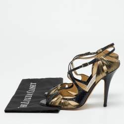 مملوكة مسبقًا Jimmy Choo Thistle Size 38 Black Gold Leather and Python Leather Ankle Strap Sandals