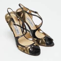 مملوكة مسبقًا Jimmy Choo Thistle Size 38 Black Gold Leather and Python Leather Ankle Strap Sandals