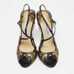مملوكة مسبقًا Jimmy Choo Thistle Size 38 Black Gold Leather and Python Leather Ankle Strap Sandals