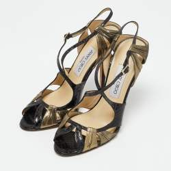 مملوكة مسبقًا Jimmy Choo Thistle Size 38 Black Gold Leather and Python Leather Ankle Strap Sandals