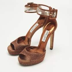 Pre Owned Jimmy Choo Moscow Size 41 Metallic Lurex Fabric and PVC Ankle Strap Sandals