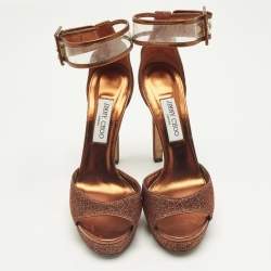 Pre Owned Jimmy Choo Moscow Size 41 Metallic Lurex Fabric and PVC Ankle Strap Sandals