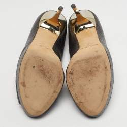 Pre Owned Jimmy Choo Size 40 Metallic Grey Python Embossed Leather Platform Peep Toe Pumps