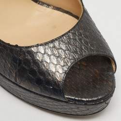 Pre Owned Jimmy Choo Size 40 Metallic Grey Python Embossed Leather Platform Peep Toe Pumps