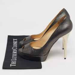 Pre Owned Jimmy Choo Size 40 Metallic Grey Python Embossed Leather Platform Peep Toe Pumps