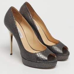Pre Owned Jimmy Choo Size 40 Metallic Grey Python Embossed Leather Platform Peep Toe Pumps