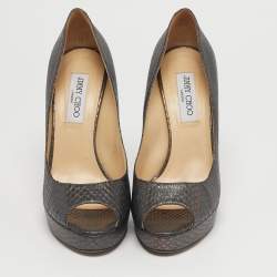 Pre Owned Jimmy Choo Size 40 Metallic Grey Python Embossed Leather Platform Peep Toe Pumps