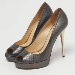 Pre Owned Jimmy Choo Size 40 Metallic Grey Python Embossed Leather Platform Peep Toe Pumps