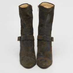 مملوكة مسبقًا Jimmy Choo Size 37.5 Olive Green Suede Ankle Length Boots