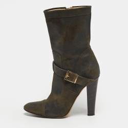مملوكة مسبقًا Jimmy Choo Size 37.5 Olive Green Suede Ankle Length Boots