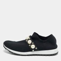 مملوكة مسبقًا Jimmy Choo Verona Size 41 Black Knit Fabric Faux Pearl Studded Slip On Sneakers
