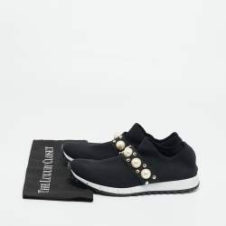 مملوكة مسبقًا Jimmy Choo Verona Size 41 Black Knit Fabric Faux Pearl Studded Slip On Sneakers