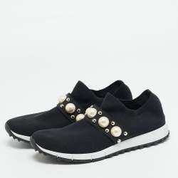 مملوكة مسبقًا Jimmy Choo Verona Size 41 Black Knit Fabric Faux Pearl Studded Slip On Sneakers