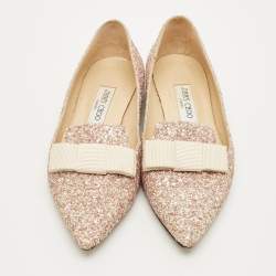 مملوكة مسبقًا حذاء باليرينا فلات جيمي تشو جليتر معدني مزين بفيونكة طرف مدبب مقاس 38.5