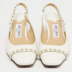 مملوكة مسبقًا Jimmy Choo Hya Pearl Embellished Size 37 White Leather Slingback Pumps