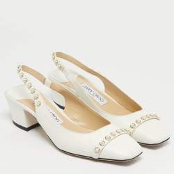 مملوكة مسبقًا Jimmy Choo Hya Pearl Embellished Size 37 White Leather Slingback Pumps