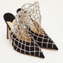 مملوكة مسبقًا حذاء كعب عالي جيمي تشو سويدي أسود مقدمة مدببة سلاسل كريستال مقاس 40.5