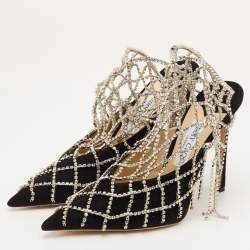 مملوكة مسبقًا حذاء كعب عالي جيمي تشو سويدي أسود مقدمة مدببة سلاسل كريستال مقاس 40.5