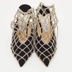 مملوكة مسبقًا حذاء كعب عالي جيمي تشو سويدي أسود مقدمة مدببة سلاسل كريستال مقاس 40.5