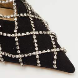 مملوكة مسبقًا حذاء كعب عالي جيمي تشو سويدي أسود مقدمة مدببة سلاسل كريستال مقاس 40.5