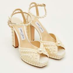 Pre Owned صندل �جيمي تشو ساكاريا سير كاحل منصة ساتان أبيض مقاس 40.5