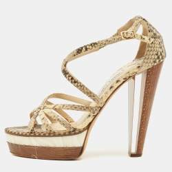 Pre Owned Jimmy Choo Size 38 Cream Beige/Brown Python Embossed Leather Ankle Strap Sandals