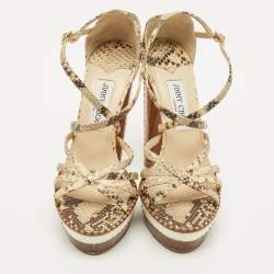 Pre Owned Jimmy Choo Size 38 Cream Beige/Brown Python Embossed Leather Ankle Strap Sandals