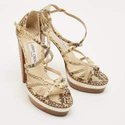 Pre Owned Jimmy Choo Size 38 Cream Beige/Brown Python Embossed Leather Ankle Strap Sandals