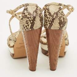 Pre Owned Jimmy Choo Size 38 Cream Beige/Brown Python Embossed Leather Ankle Strap Sandals