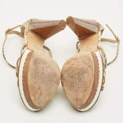 Pre Owned Jimmy Choo Size 38 Cream Beige/Brown Python Embossed Leather Ankle Strap Sandals