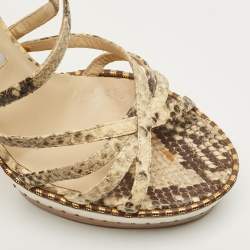 Pre Owned Jimmy Choo Size 38 Cream Beige/Brown Python Embossed Leather Ankle Strap Sandals
