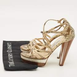Pre Owned Jimmy Choo Size 38 Cream Beige/Brown Python Embossed Leather Ankle Strap Sandals