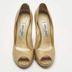 Pre Owned حذاء جيمي تشو جلد بيج مقدمة مفتوحة ونعل سميك مقاس 37