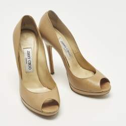 Pre Owned حذاء جيمي تشو جلد بيج مقدمة مفتوحة ونعل سميك مقاس 37