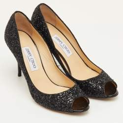 Pre Owned Jimmy Choo Evelyn Size 39 Black Glitter Peep Toe Pumps