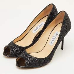 Pre Owned Jimmy Choo Evelyn Size 39 Black Glitter Peep Toe Pumps